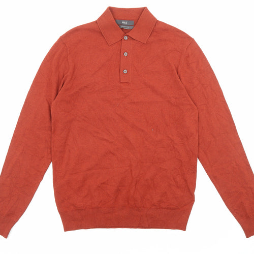 Marks and Spencer Mens Orange Collared Cotton Pullover Jumper Size S Long Sleeve - Button-up