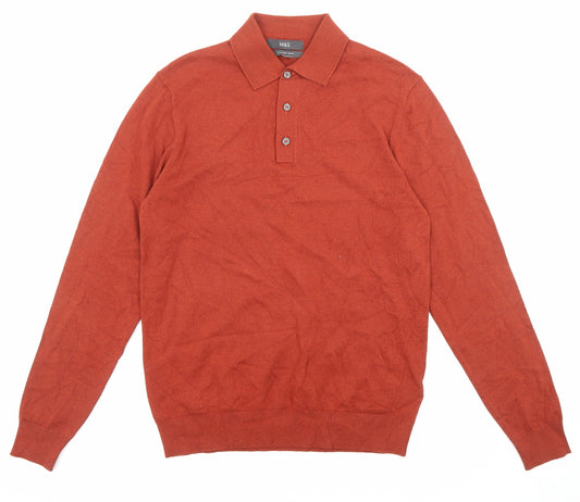 Marks and Spencer Mens Orange Collared Cotton Pullover Jumper Size S Long Sleeve - Button-up