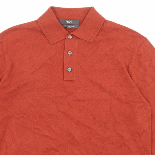 Marks and Spencer Mens Orange Collared Cotton Pullover Jumper Size S Long Sleeve - Button-up