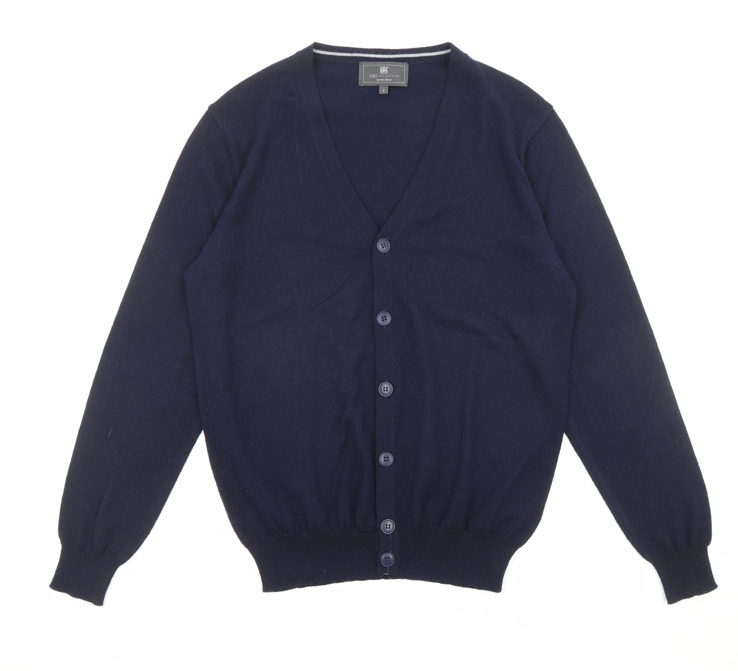 Marks and Spencer Mens Blue V-Neck Acrylic Cardigan Jumper Size S Long Sleeve
