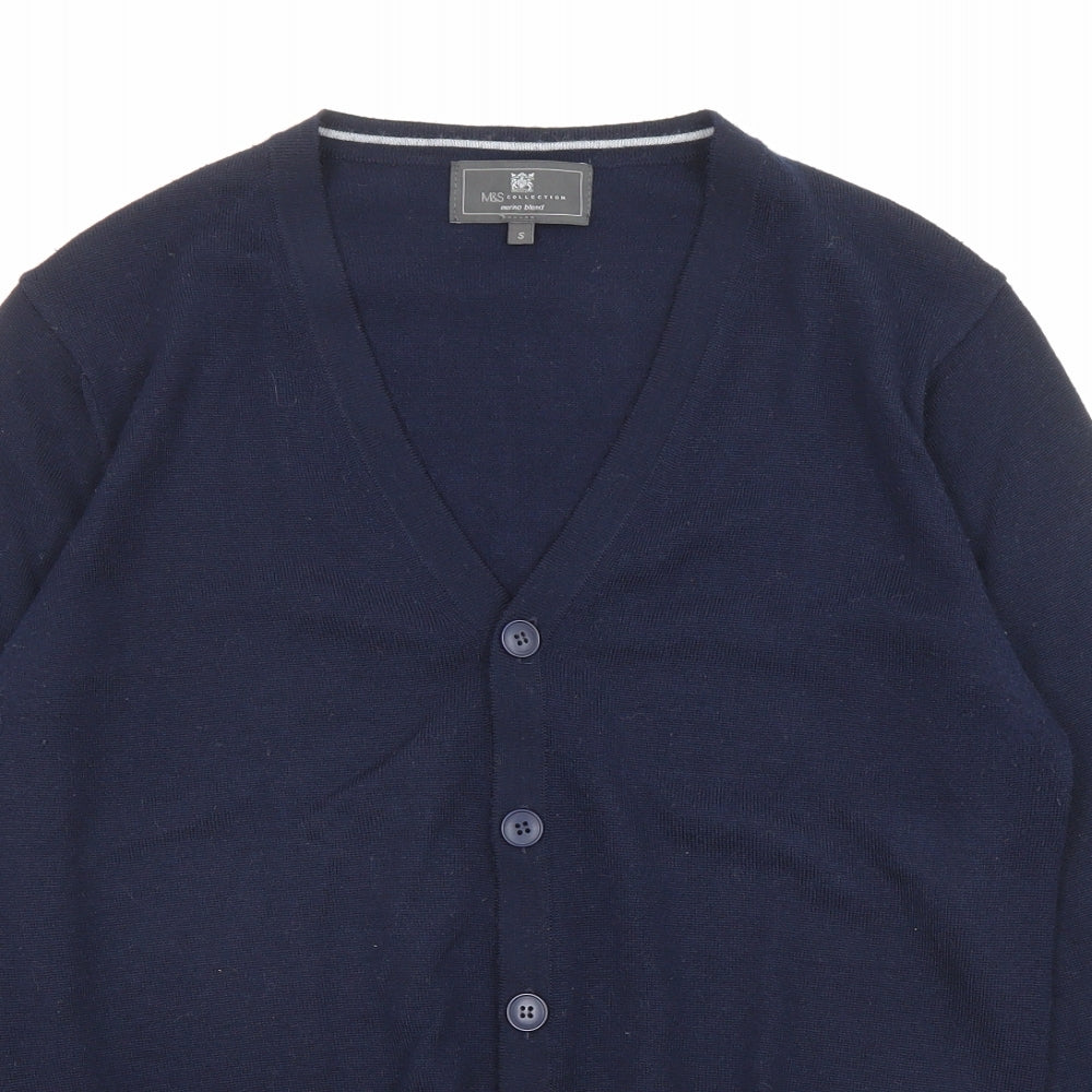Marks and Spencer Mens Blue V-Neck Acrylic Cardigan Jumper Size S Long Sleeve