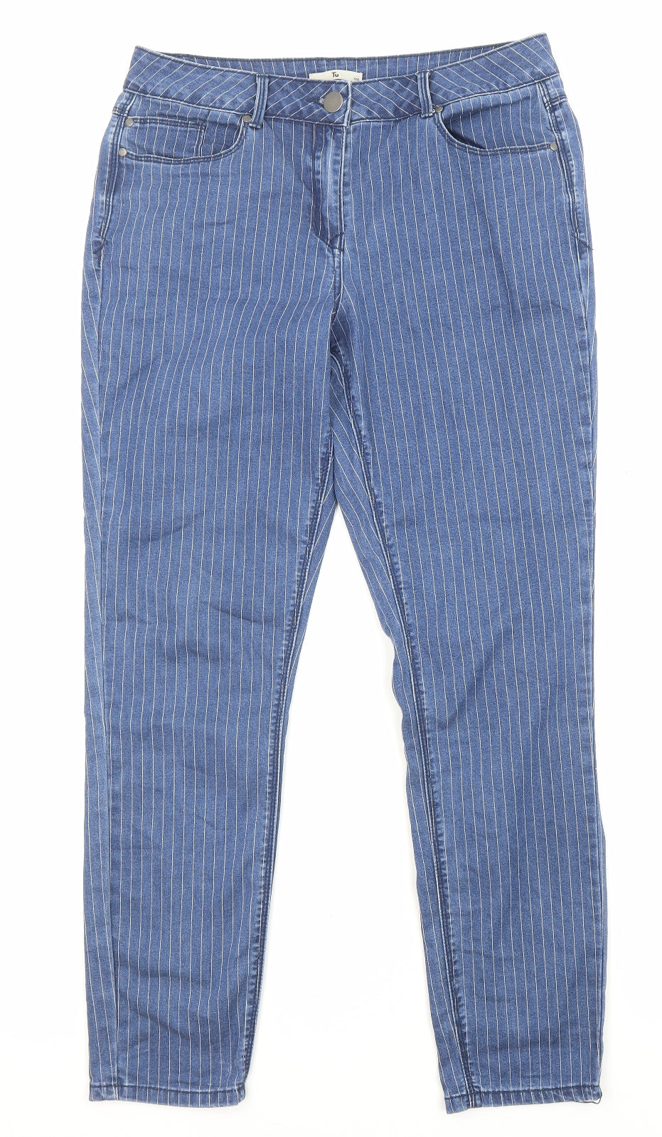 TU Womens Blue Striped Cotton Straight Jeans Size 12 L28 in Regular Zip - Pockets