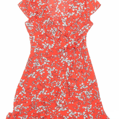 Stella Womens Red Floral Polyester Fit & Flare Size 8 V-Neck Pullover - Ruffle detail