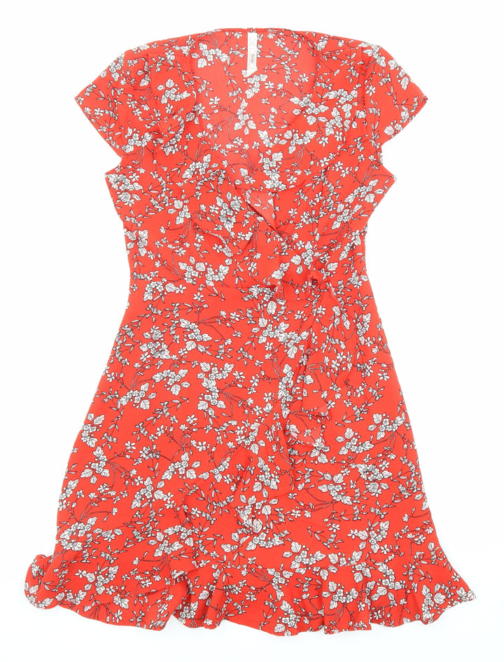 Stella Womens Red Floral Polyester Fit & Flare Size 8 V-Neck Pullover - Ruffle detail