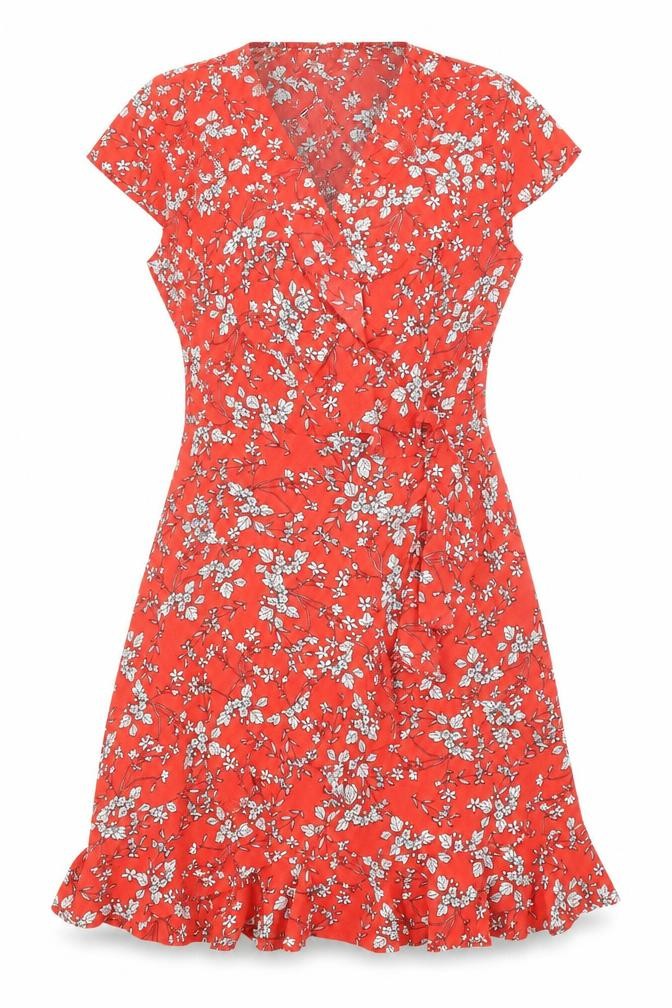 Front view of Stella women’s red floral polyester fit & flare, size UK 8, v-neck pullover - ruffle detail