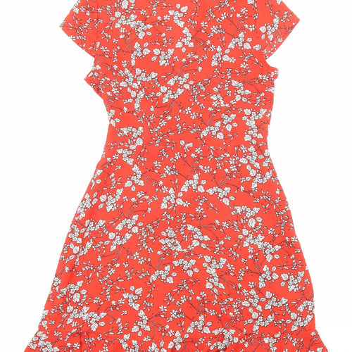 Stella Womens Red Floral Polyester Fit & Flare Size 8 V-Neck Pullover - Ruffle detail