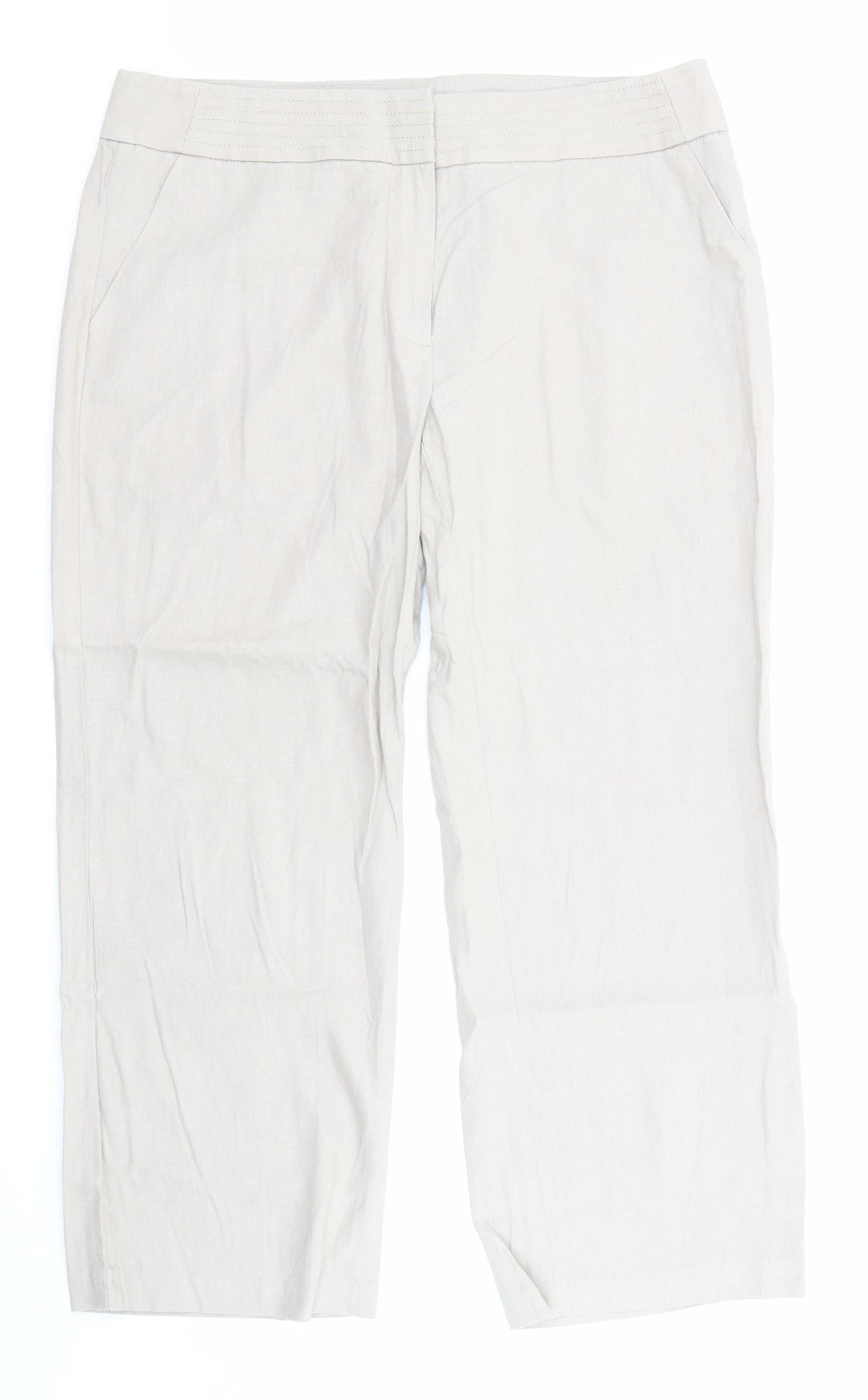 Marks and Spencer Womens Beige Linen Trousers Size 16 L28 in Regular Zip - Pockets