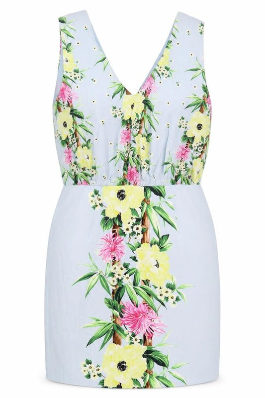 Front view of French Connection women’s blue floral viscose mini, size UK 12, v-neck zip