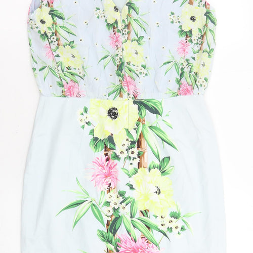 French Connection Womens Blue Floral Viscose Mini Size 12 V-Neck Zip