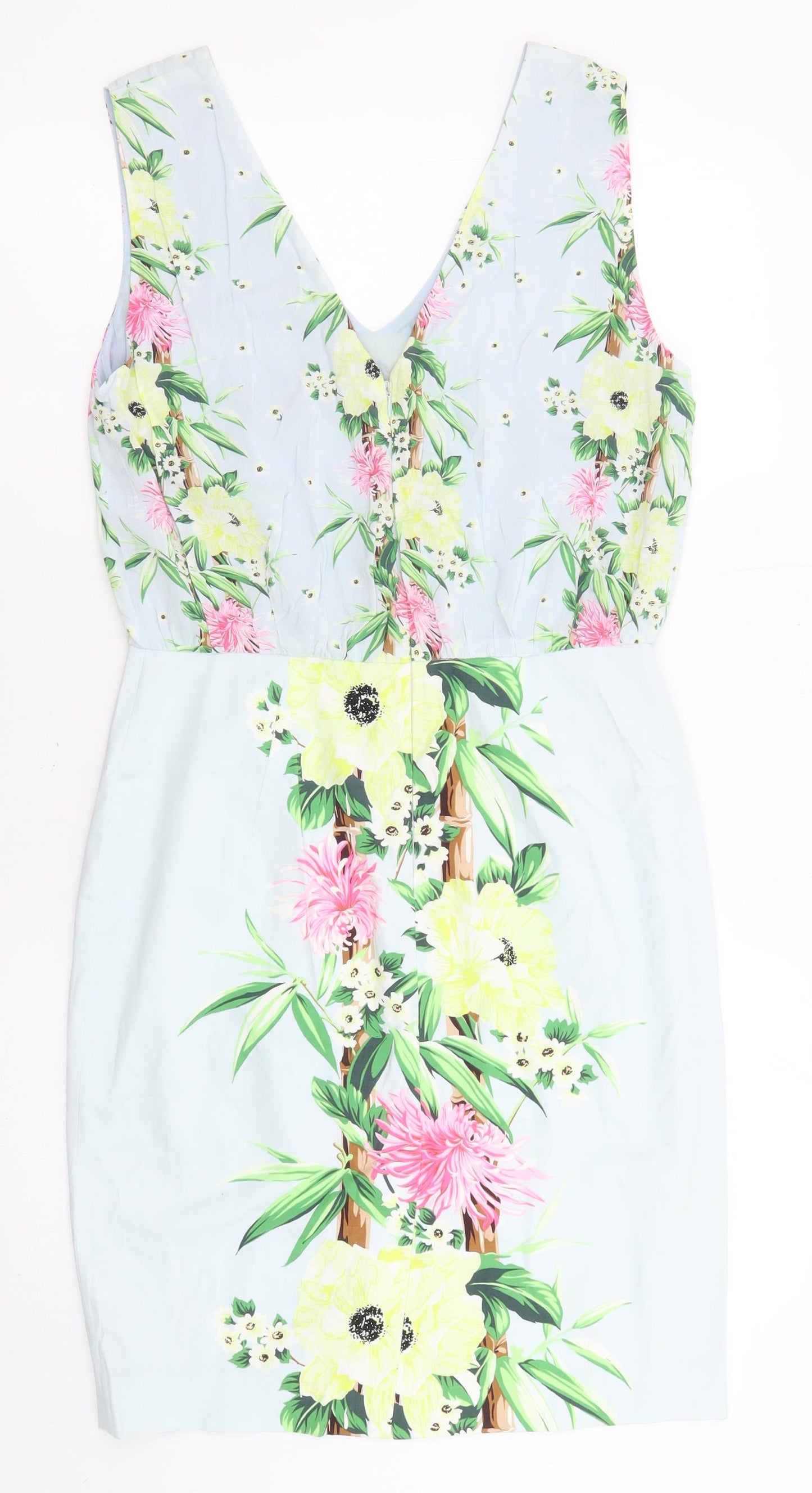 French Connection Womens Blue Floral Viscose Mini Size 12 V-Neck Zip