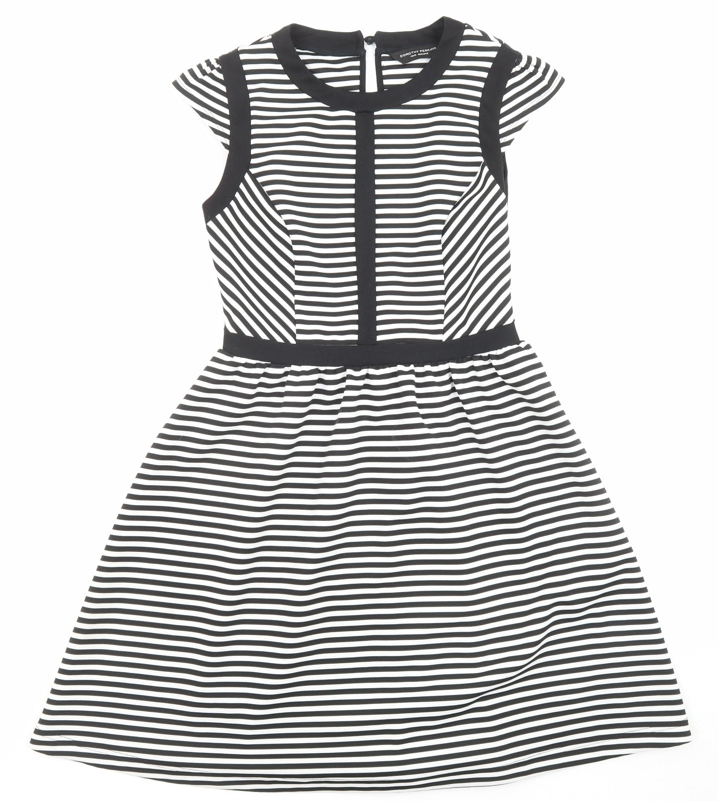 Dorothy Perkins Womens Black Striped Polyester Fit & Flare Size 10 Crew Neck Button