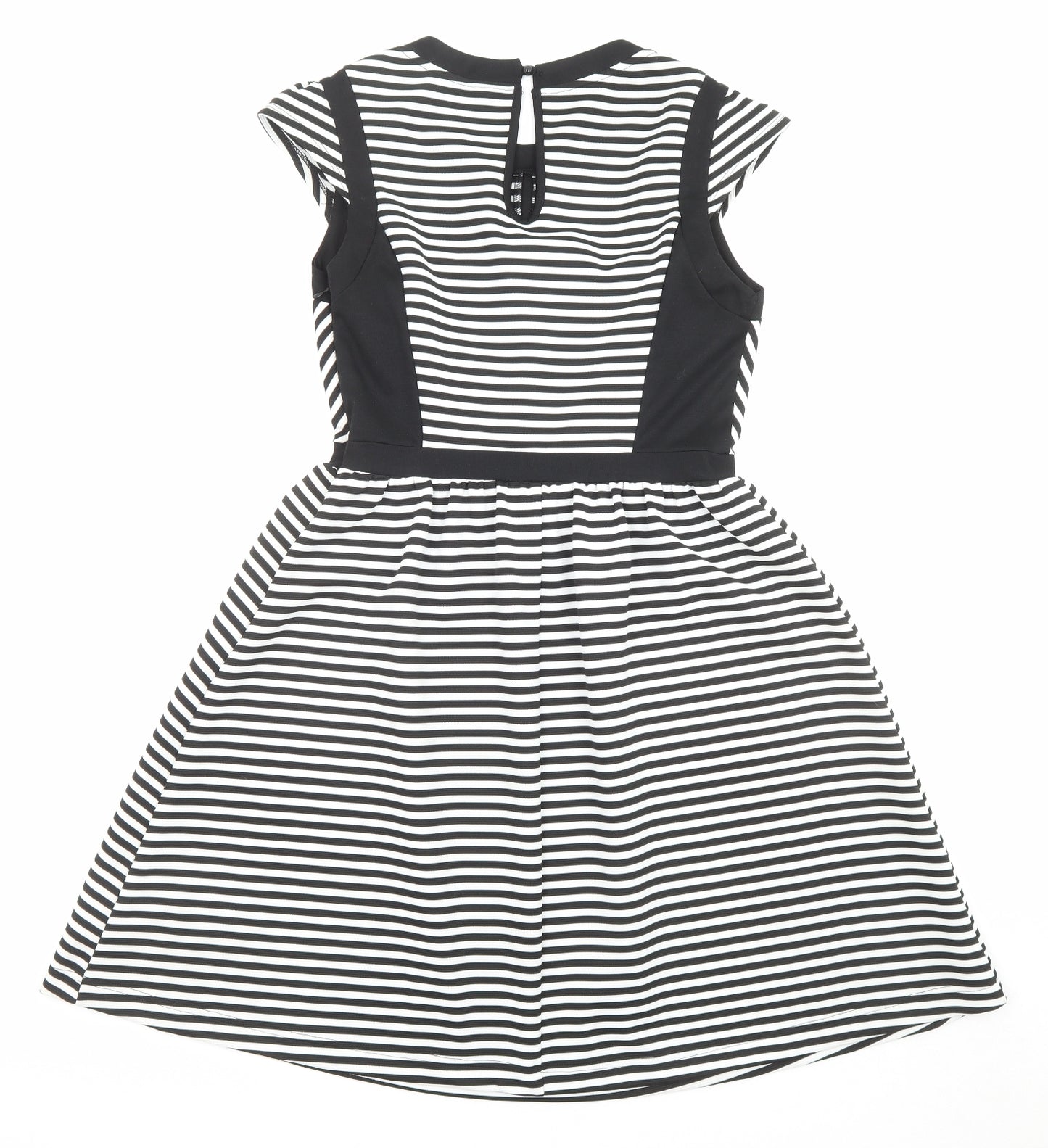 Dorothy Perkins Womens Black Striped Polyester Fit & Flare Size 10 Crew Neck Button