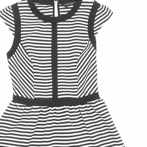 Dorothy Perkins Womens Black Striped Polyester Fit & Flare Size 10 Crew Neck Button