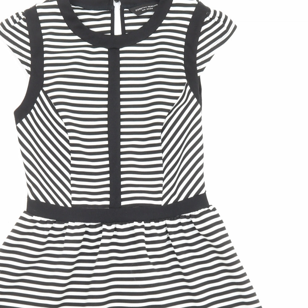 Dorothy Perkins Womens Black Striped Polyester Fit & Flare Size 10 Crew Neck Button