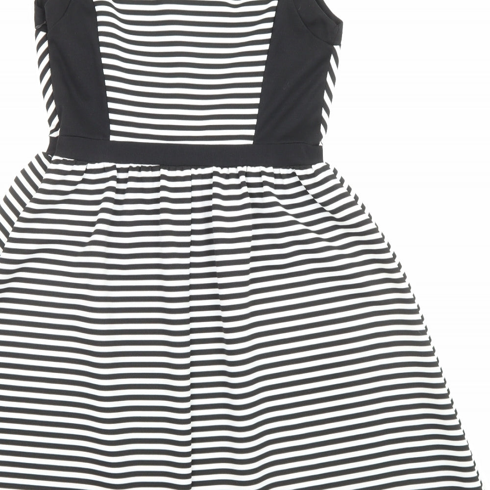 Dorothy Perkins Womens Black Striped Polyester Fit & Flare Size 10 Crew Neck Button