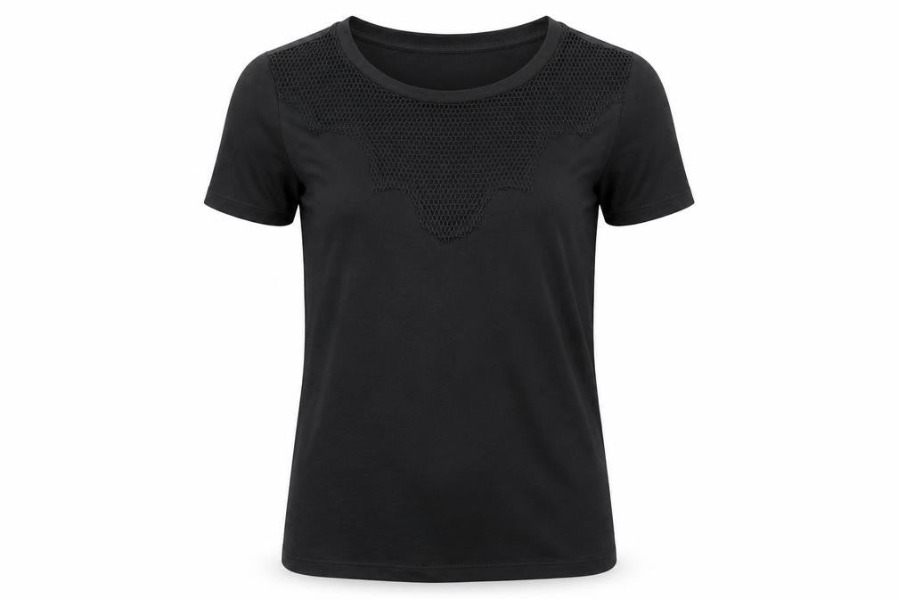 Front view of New Look women’s black polyester jersey t-shirt, size UK 8, crew neck