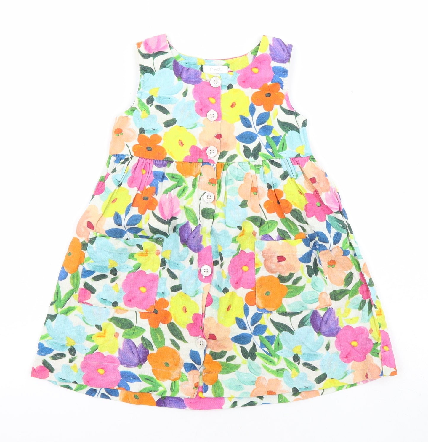 NEXT Girls Multicoloured Floral Cotton A-Line Size 2-3 Years Boat Neck Button - Pockets