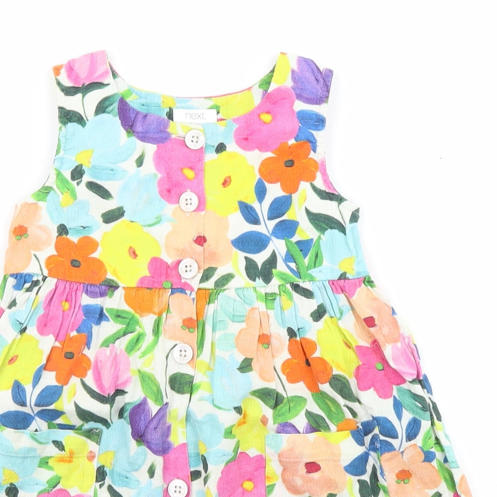 NEXT Girls Multicoloured Floral Cotton A-Line Size 2-3 Years Boat Neck Button - Pockets
