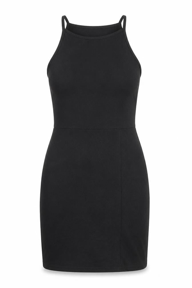 Front view of PRETTYLITTLETHING women’s black polyester a-line, size UK 12, crew neck pullover