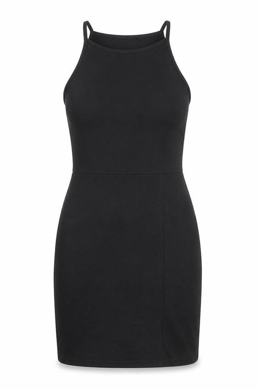 Front view of PRETTYLITTLETHING women’s black polyester a-line, size UK 12, crew neck pullover