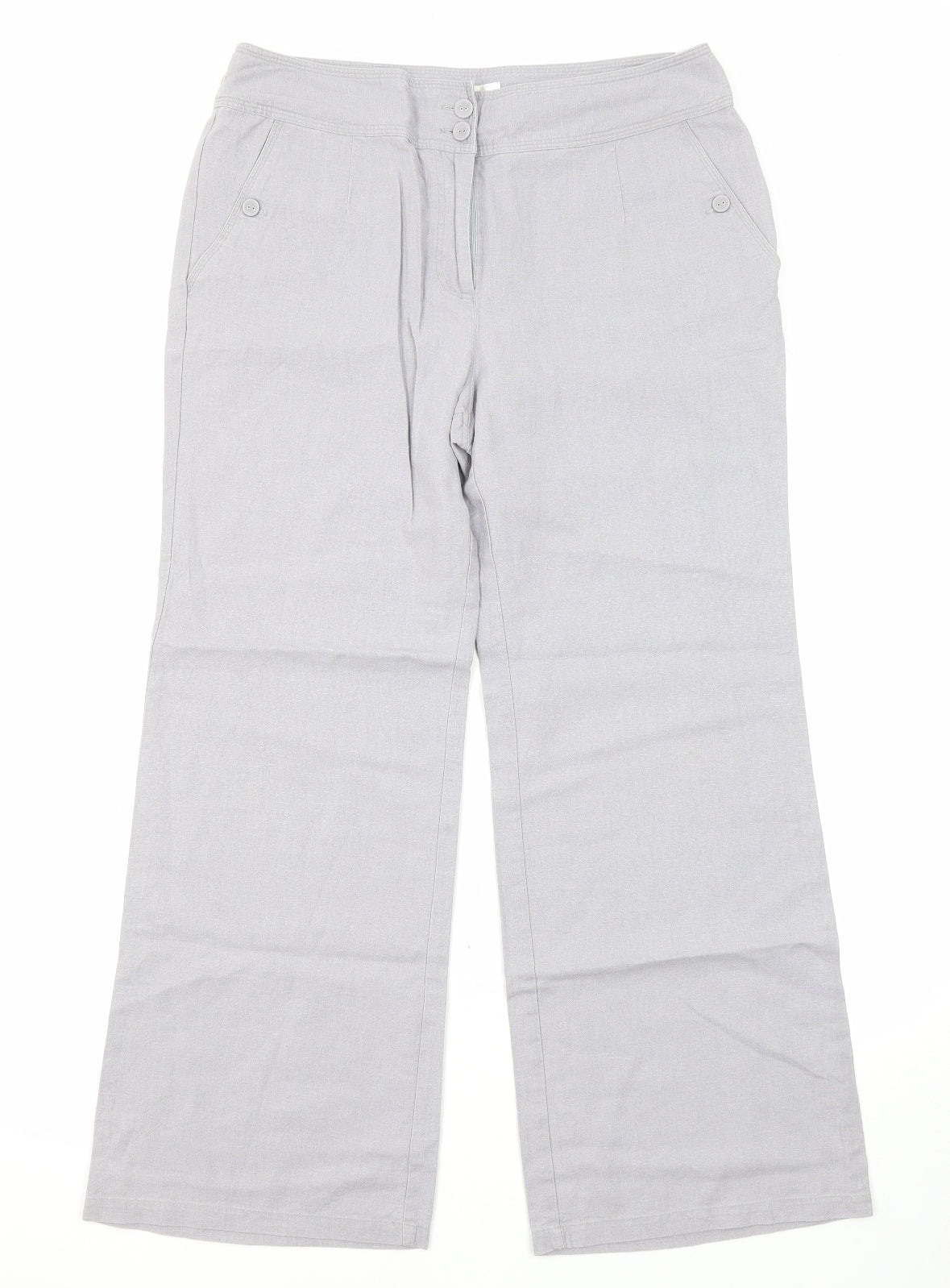 EWM Womens Grey Linen Trousers Size 14 L27 in Regular Zip - Pockets, Button closure