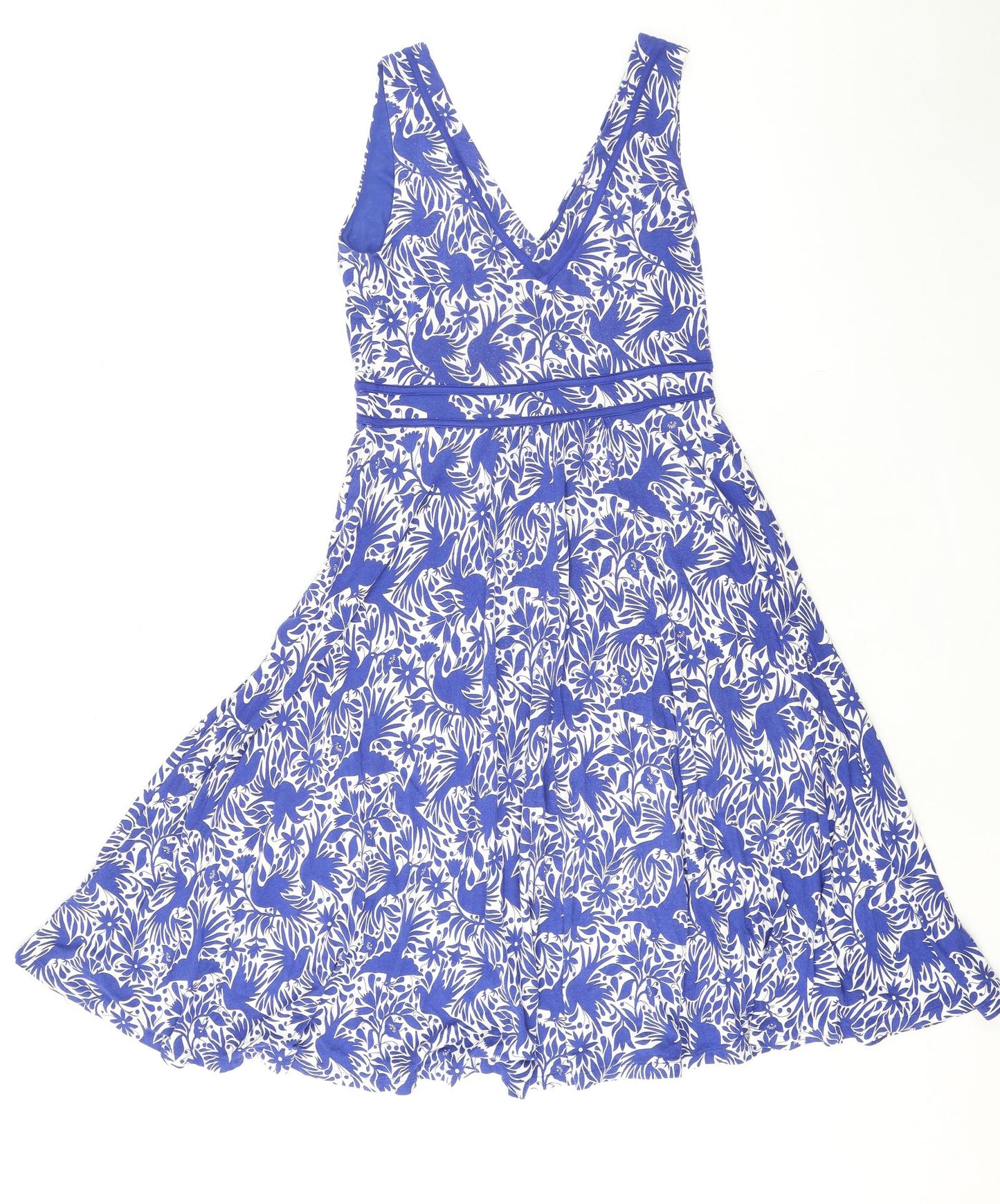 Boden Womens Blue Geometric Viscose A-Line Size 10 V-Neck Pullover - Bird Pattern