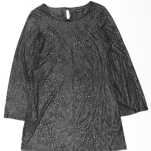 Dorothy Perkins Womens Black Animal Print Polyester Shift Size 14 Boat Neck Pullover - Flute Sleeves