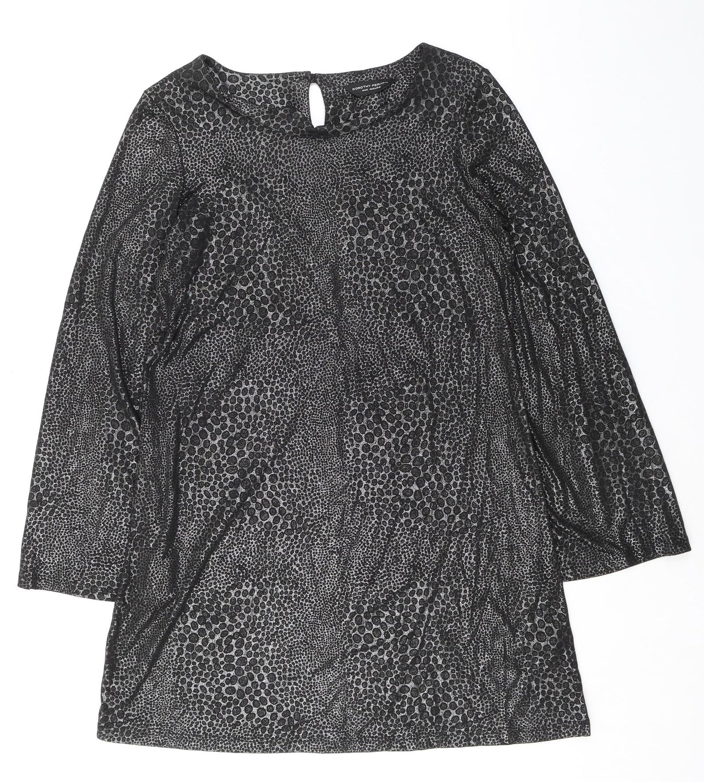 Dorothy Perkins Womens Black Animal Print Polyester Shift Size 14 Boat Neck Pullover - Flute Sleeves