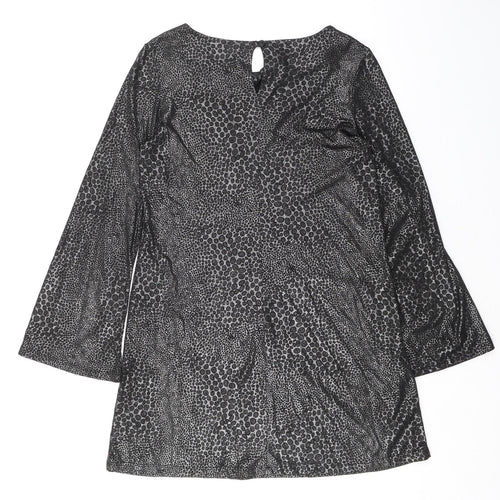 Dorothy Perkins Womens Black Animal Print Polyester Shift Size 14 Boat Neck Pullover - Flute Sleeves