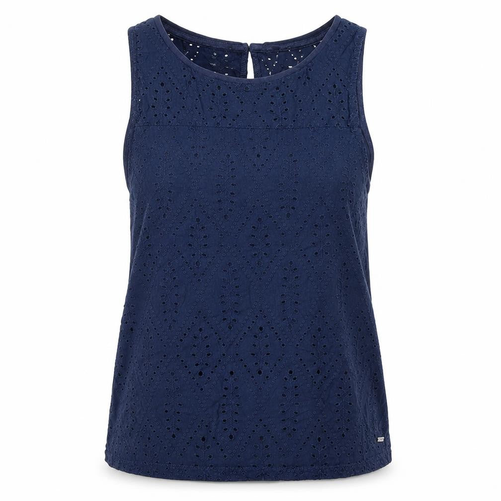 Front view of Tom Tailor women’s blue cotton basic tank, size L, boat neck - broderie anglaise