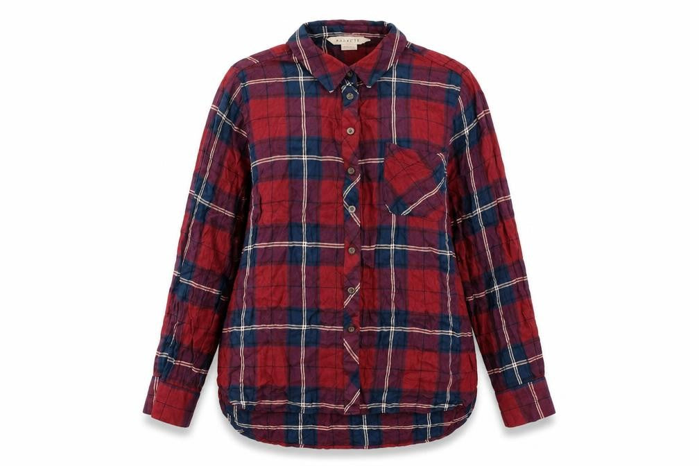 Front view of Mauvette women’s red plaid viscose basic button-up, size UK 12, collared - pocket