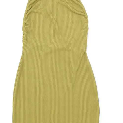 PRETTYLITTLETHING Womens Green Polyester Bodycon Size 8 Halter Button - Ribbed Backless