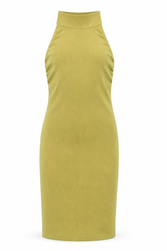 Front view of PRETTYLITTLETHING women’s green polyester bodycon, size UK 8, halter button - ribbed backless