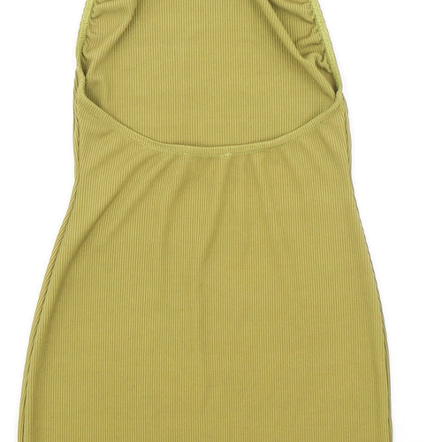 PRETTYLITTLETHING Womens Green Polyester Bodycon Size 8 Halter Button - Ribbed Backless