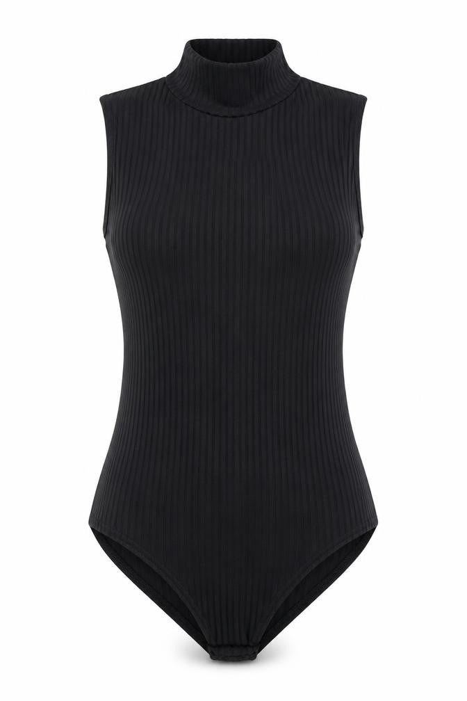 Front view of Parisian Collection women’s black polyester bodysuit one-piece, size UK 10, snap - ribbed
