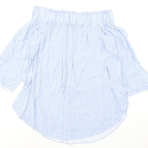 H&M Womens Blue Striped Viscose Basic Blouse Size 8 Off the Shoulder - Tie Sleeves