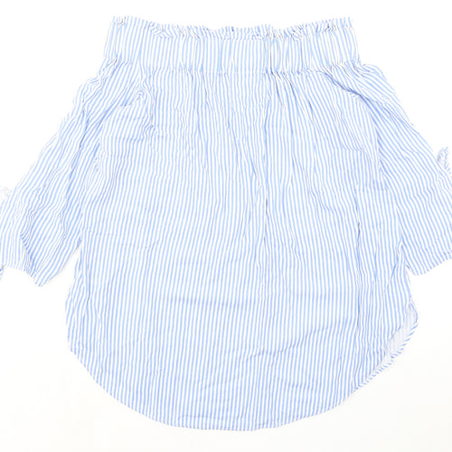H&M Womens Blue Striped Viscose Basic Blouse Size 8 Off the Shoulder - Tie Sleeves
