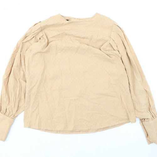 Miss Ronn Womens Beige Cotton Basic Blouse Size 14 Round Neck - Textured
