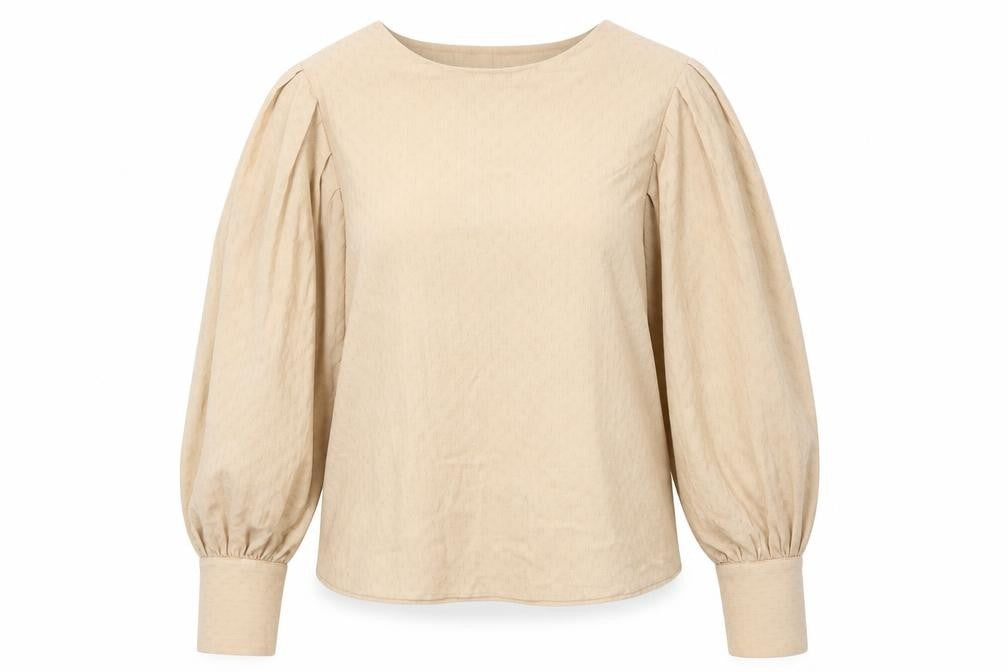 Front view of Miss Ronn women’s beige cotton basic blouse, size UK 14, round neck - textured