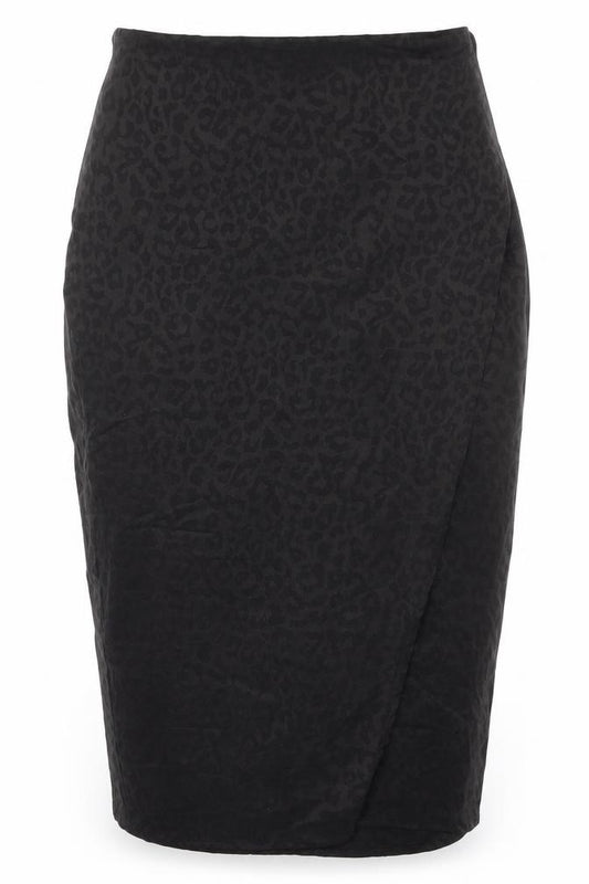 Front view of Parallel Lines women’s black animal print polyester wrap skirt, size M, tie
