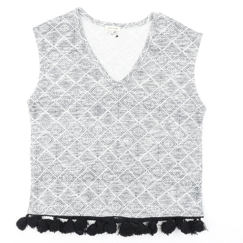 River Island Womens Grey Geometric Polyester Basic Blouse Size 6 V-Neck - Fringed Hem