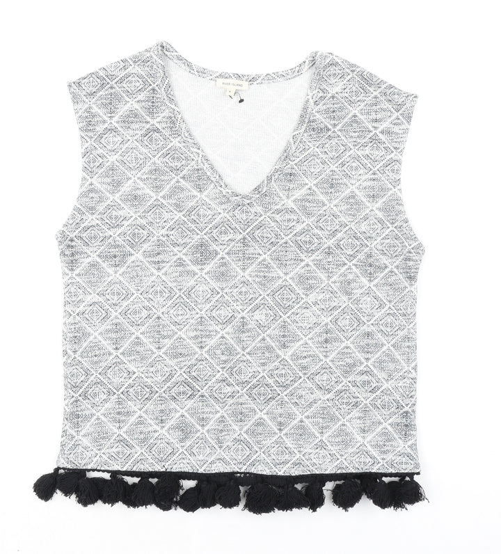 River Island Womens Grey Geometric Polyester Basic Blouse Size 6 V-Neck - Fringed Hem