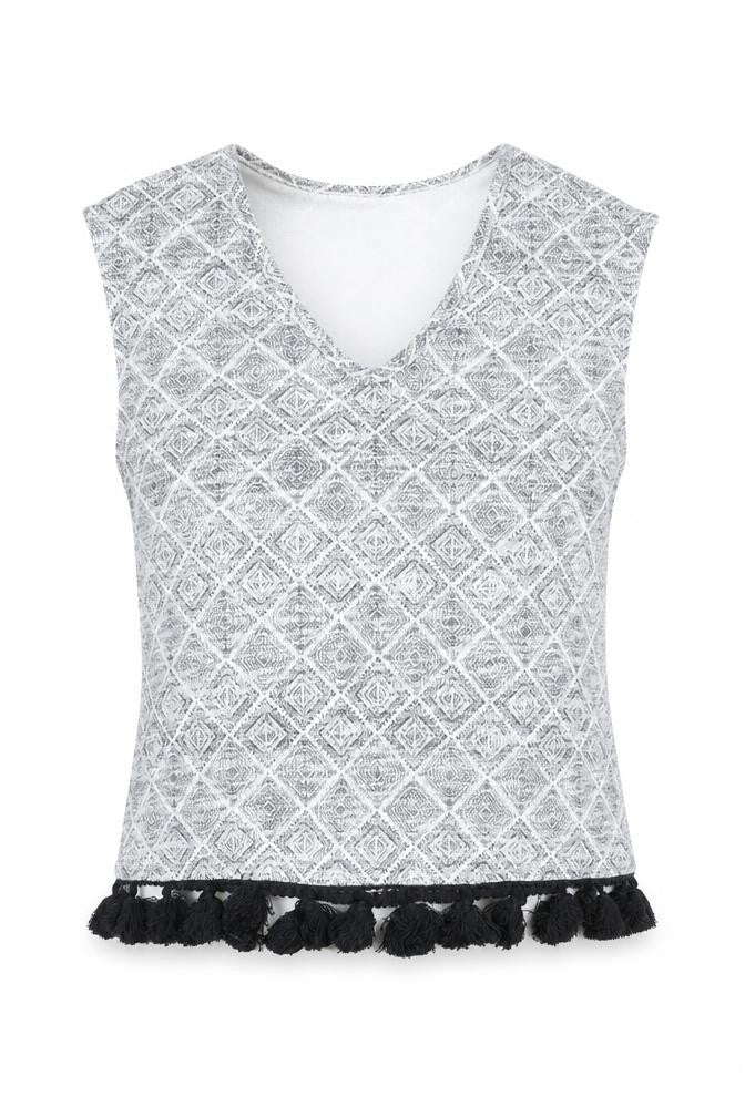 Front view of River Island women’s grey geometric polyester basic blouse, size UK 6, v-neck - fringed hem