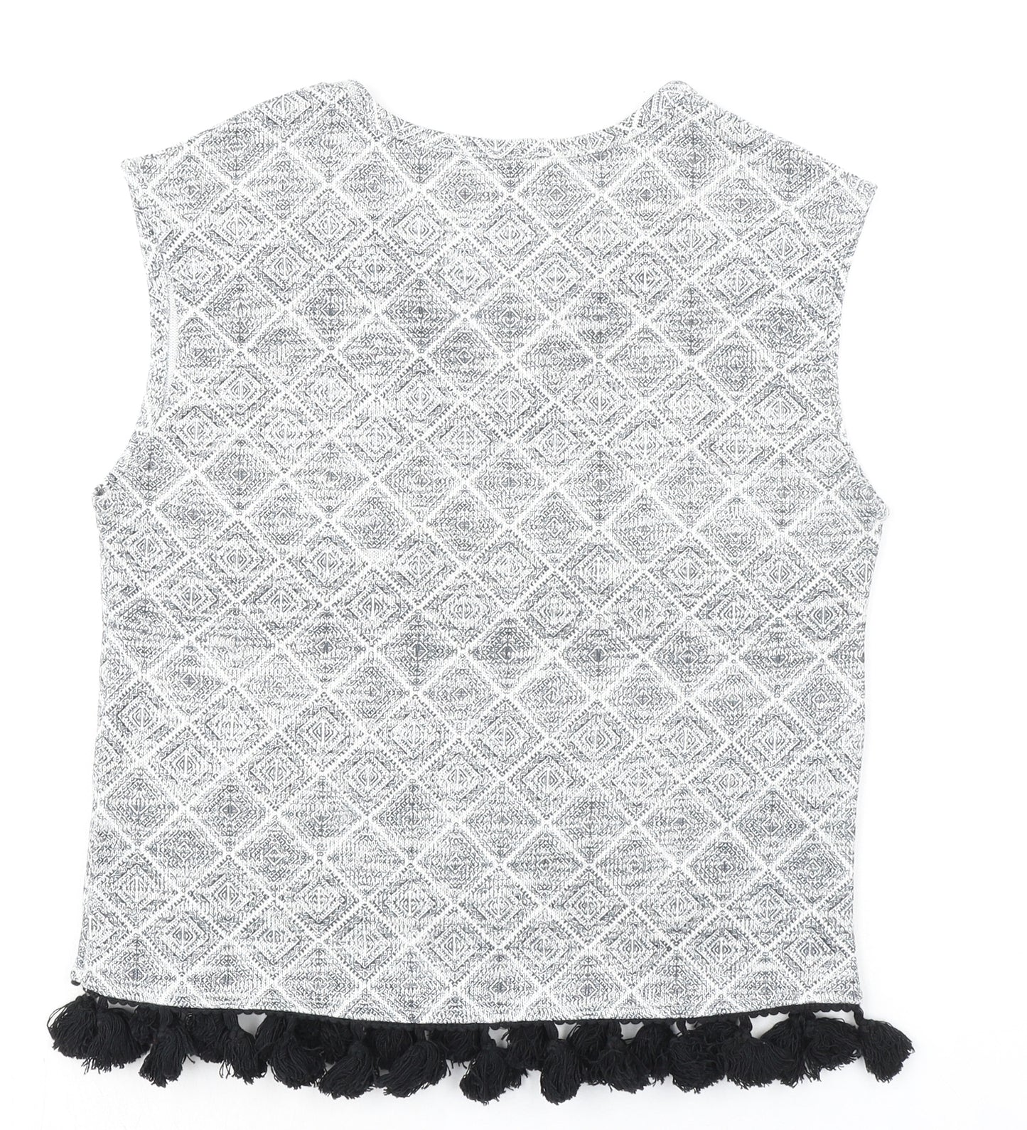 River Island Womens Grey Geometric Polyester Basic Blouse Size 6 V-Neck - Fringed Hem