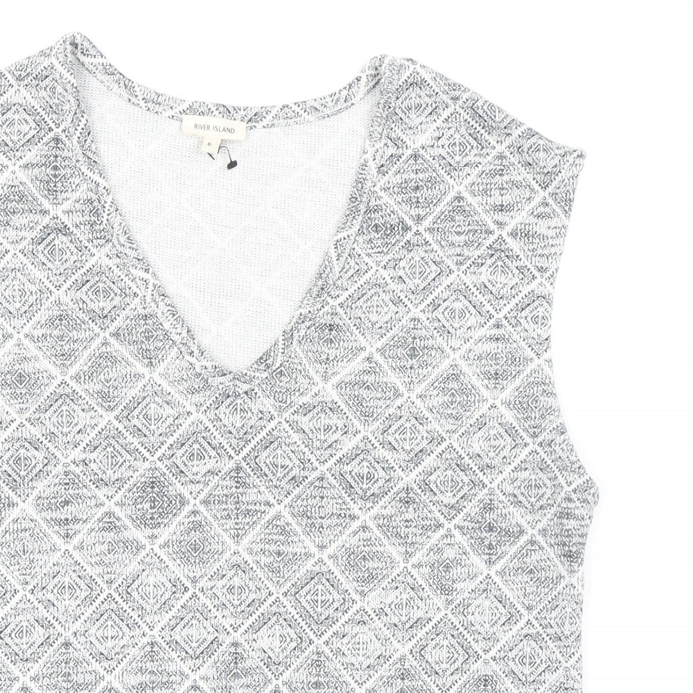 River Island Womens Grey Geometric Polyester Basic Blouse Size 6 V-Neck - Fringed Hem