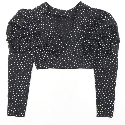 Boohoo Womens Black Polka Dot Polyester Cropped Blouse Size 12 V-Neck - Puff Sleeves