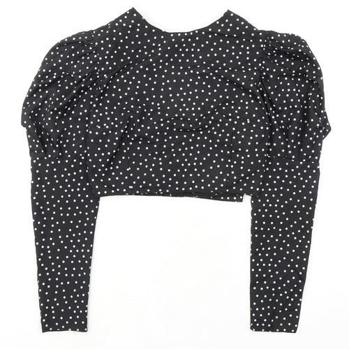 Boohoo Womens Black Polka Dot Polyester Cropped Blouse Size 12 V-Neck - Puff Sleeves