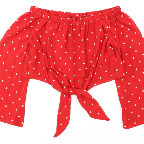 QED London Womens Red Polka Dot Polyester Cropped Blouse Size 16 Off the Shoulder - Tie Front