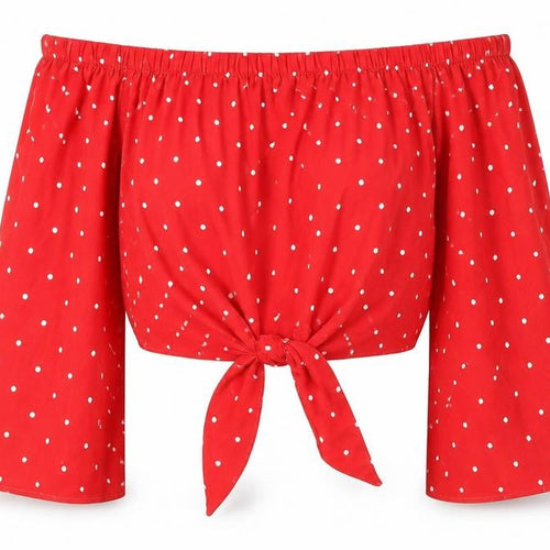 QED London Womens Red Polka Dot Polyester Cropped Blouse Size 16 Off the Shoulder - Tie Front