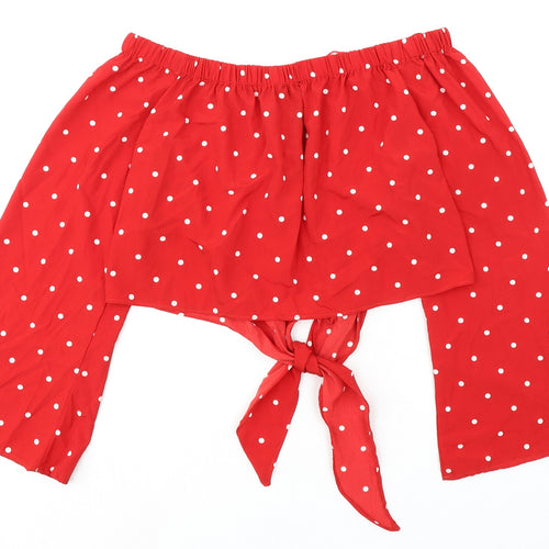 QED London Womens Red Polka Dot Polyester Cropped Blouse Size 16 Off the Shoulder - Tie Front